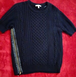 Chaus Black Cable Knit Sweater w/ Side Gold Zipper-Faux Leather Trim -Size Large